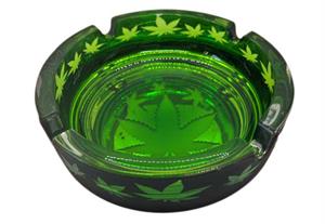 ''Frosted Black with Green Marijuana Leaves Novelty GLASS Ashtray - 4.25'''' Diameter - 3 pack''