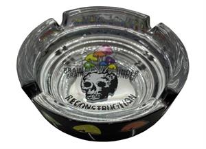 ''Black Base with Mushrooms Novelty Glass Ashtray with Silver Metallic Inside and SKULL Design - 4.25