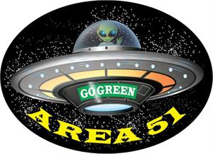 ''Area 51 Flying Saucer Go Green - Large - 6'''' x 4.5'''' - Oval STICKER''